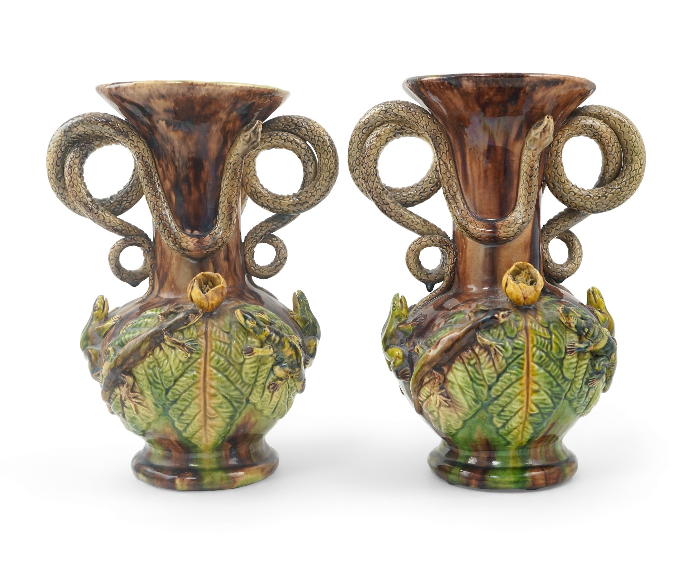 A pair of Palissy ware two handled vases, by Mafra Caldas Da Rainha, late 19th century